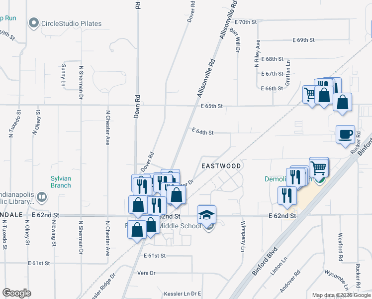 map of restaurants, bars, coffee shops, grocery stores, and more near 6333 Allisonville Road in Indianapolis