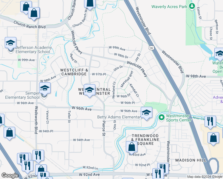 map of restaurants, bars, coffee shops, grocery stores, and more near 9687 Newland Court in Westminster