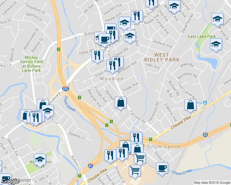 map of restaurants, bars, coffee shops, grocery stores, and more near 133 Yates Avenue in Woodlyn