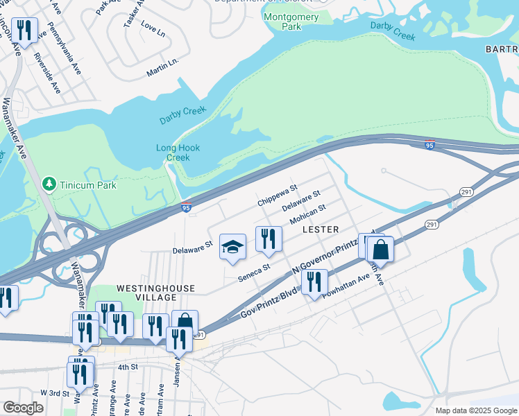 map of restaurants, bars, coffee shops, grocery stores, and more near 146 Chippewa Street in Tinicum Township