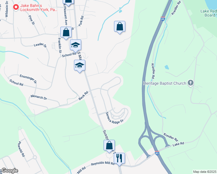 map of restaurants, bars, coffee shops, grocery stores, and more near 7557 Seneca Ridge Drive in York
