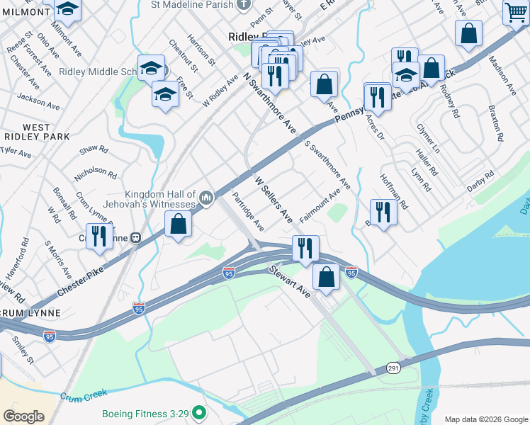 map of restaurants, bars, coffee shops, grocery stores, and more near 218 Riverview Avenue in Ridley Park