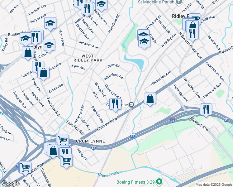 map of restaurants, bars, coffee shops, grocery stores, and more near 405 Crum Lynne Road in Ridley Park