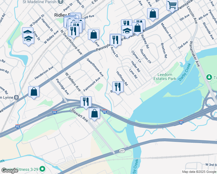map of restaurants, bars, coffee shops, grocery stores, and more near 110 Stoneybrook Drive in Ridley Park