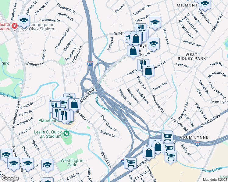 map of restaurants, bars, coffee shops, grocery stores, and more near 1620 Jefferson Avenue in Woodlyn