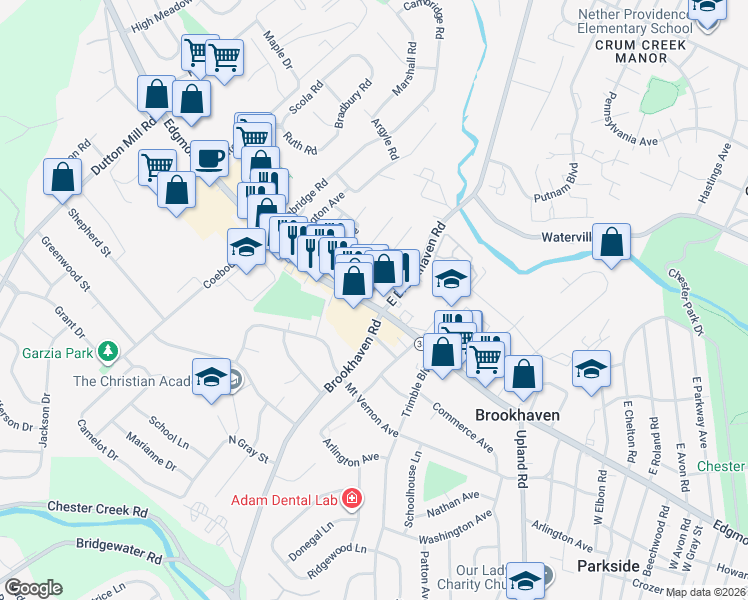 map of restaurants, bars, coffee shops, grocery stores, and more near 4115 Edgmont Avenue in Brookhaven