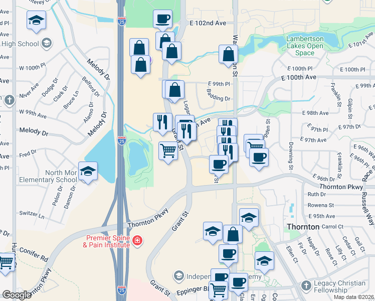 map of restaurants, bars, coffee shops, grocery stores, and more near 45 Grant Street in Thornton