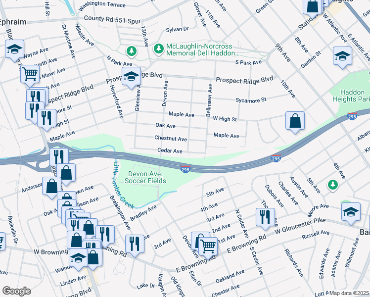map of restaurants, bars, coffee shops, grocery stores, and more near 1501 Cedar Avenue in Haddon Heights