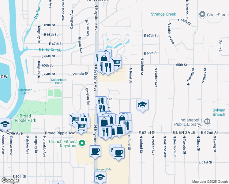 map of restaurants, bars, coffee shops, grocery stores, and more near 6449 North Keystone Avenue in Indianapolis