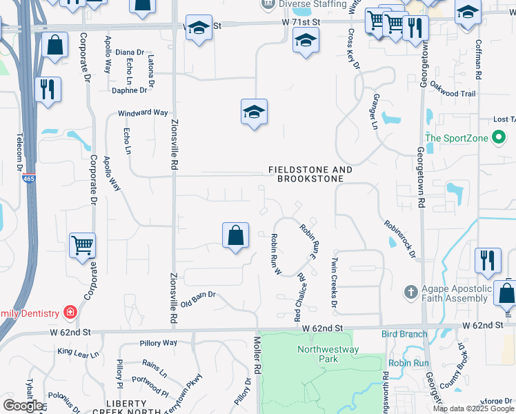 map of restaurants, bars, coffee shops, grocery stores, and more near 6424 Peace Place in Indianapolis