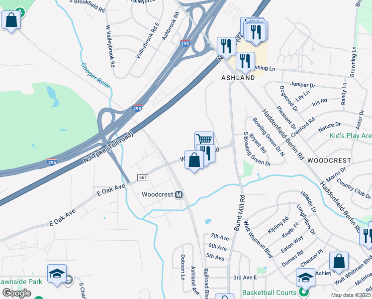 map of restaurants, bars, coffee shops, grocery stores, and more near 110 Woodcrest Road in Cherry Hill Township