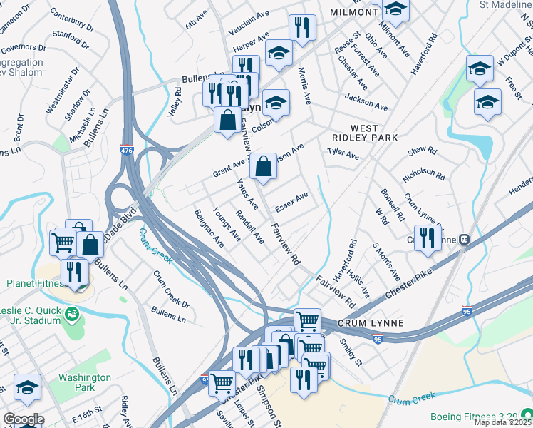 map of restaurants, bars, coffee shops, grocery stores, and more near 155 Fairview Road in Woodlyn