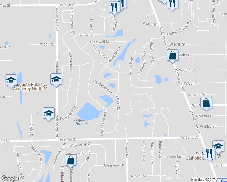map of restaurants, bars, coffee shops, grocery stores, and more near 3210 Creekshore Drive in Indianapolis