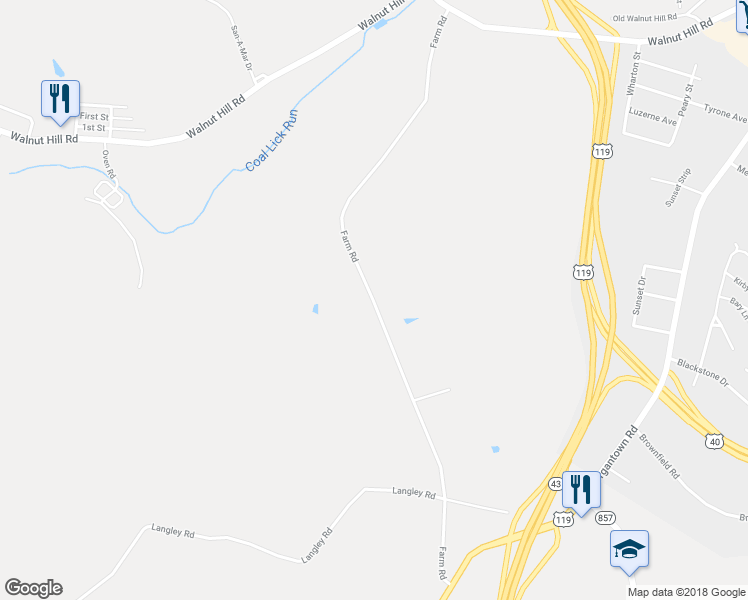 map of restaurants, bars, coffee shops, grocery stores, and more near 1122 Farm Road in Uniontown