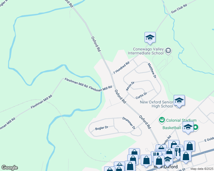 map of restaurants, bars, coffee shops, grocery stores, and more near 35 Fleshman Mill Road in New Oxford