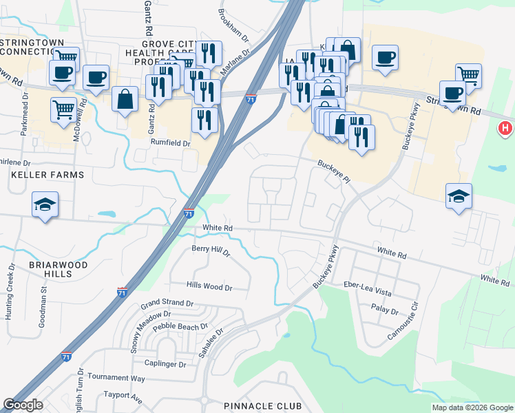 map of restaurants, bars, coffee shops, grocery stores, and more near 1717 Nature Drive in Grove City