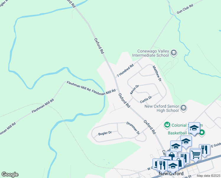 map of restaurants, bars, coffee shops, grocery stores, and more near 35 Fleshman Mill Road in New Oxford