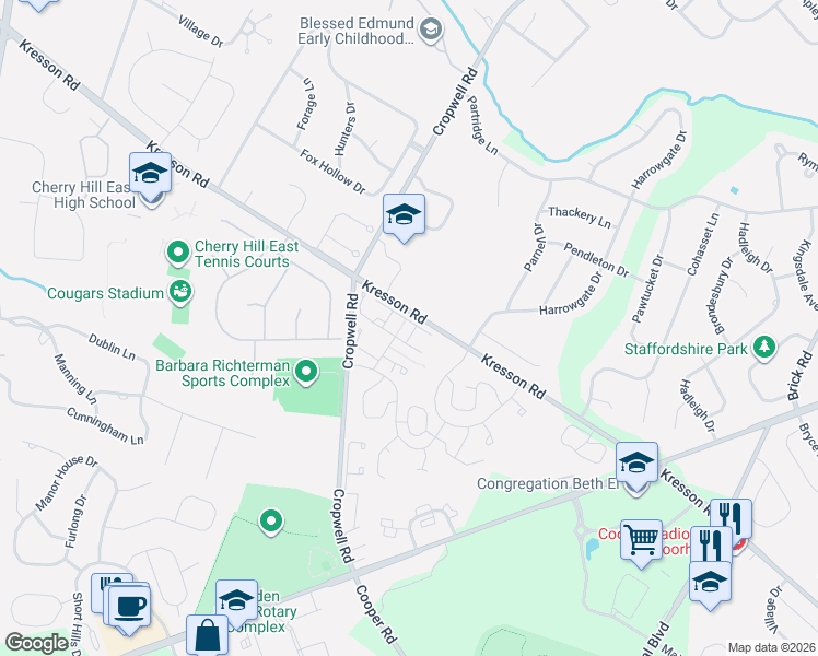 map of restaurants, bars, coffee shops, grocery stores, and more near 762 Chanticleer in Cherry Hill