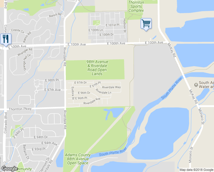 map of restaurants, bars, coffee shops, grocery stores, and more near 5405 Riverdale Way in Thornton