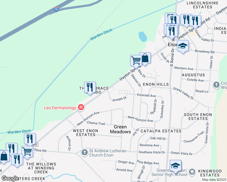 map of restaurants, bars, coffee shops, grocery stores, and more near 6972 Joseph Drive in Enon