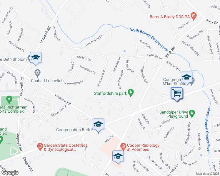 map of restaurants, bars, coffee shops, grocery stores, and more near 28 Cohasset Lane in Cherry Hill