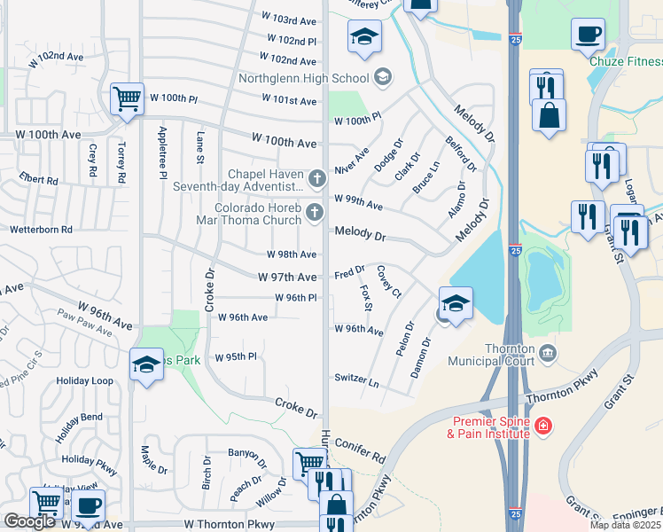 map of restaurants, bars, coffee shops, grocery stores, and more near 825 West 97th Avenue in Northglenn