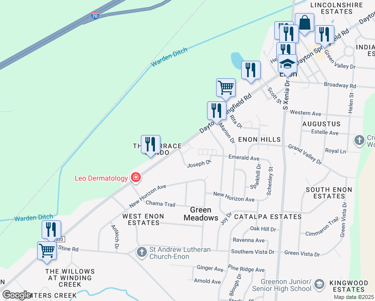 map of restaurants, bars, coffee shops, grocery stores, and more near 6972 Joseph Drive in Enon