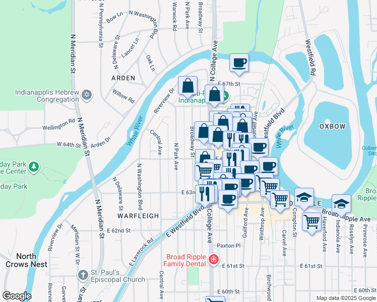 map of restaurants, bars, coffee shops, grocery stores, and more near 6412 Broadway Street in Indianapolis
