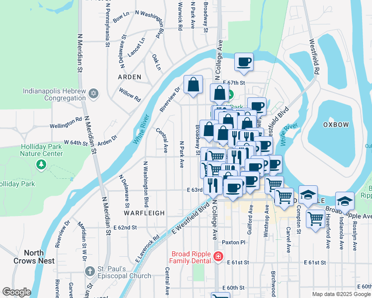 map of restaurants, bars, coffee shops, grocery stores, and more near 6412 Broadway Street in Indianapolis