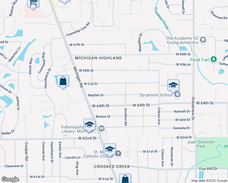 map of restaurants, bars, coffee shops, grocery stores, and more near 2250 Mayfair Drive in Indianapolis