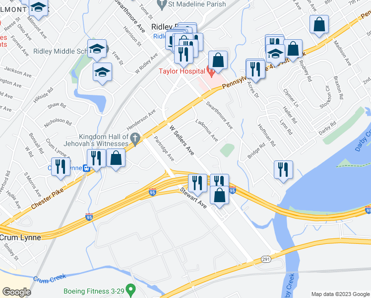map of restaurants, bars, coffee shops, grocery stores, and more near 304 West Sellers Avenue in Ridley Park