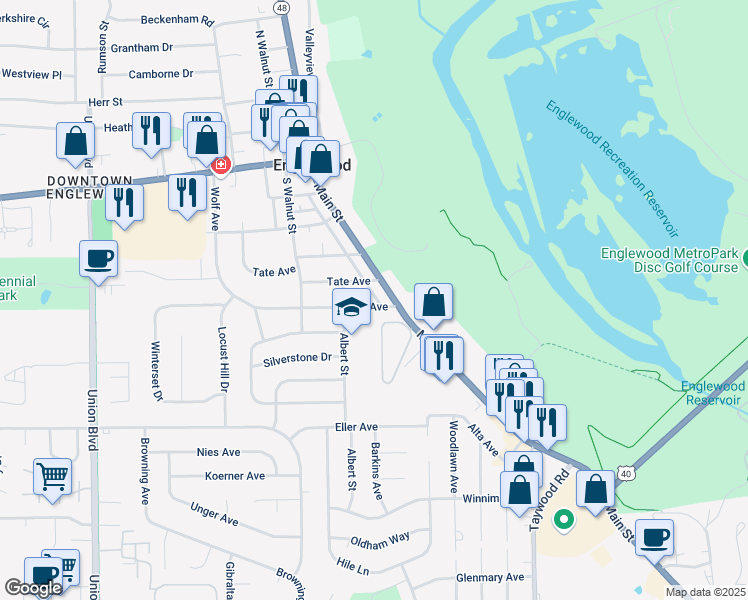 map of restaurants, bars, coffee shops, grocery stores, and more near 28 Wolf Avenue in Englewood