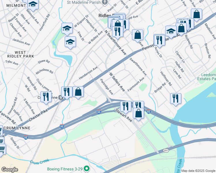 map of restaurants, bars, coffee shops, grocery stores, and more near 23 Partridge Avenue in Ridley Park
