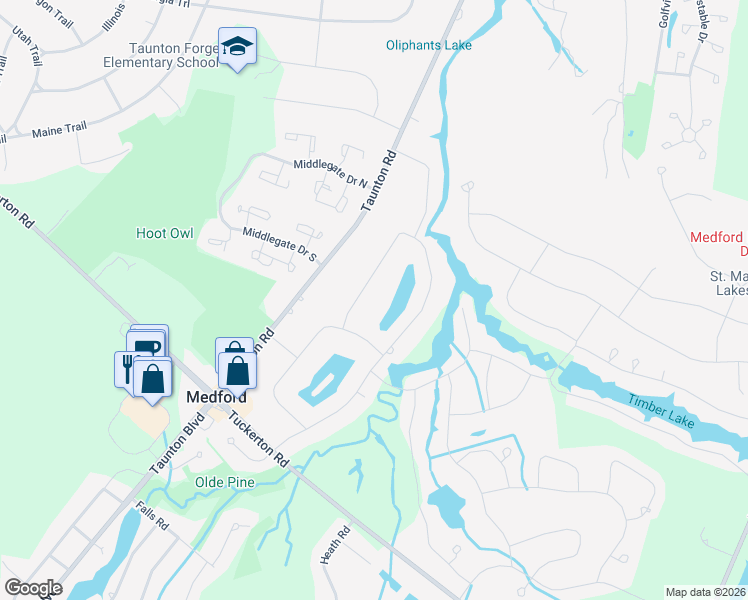 map of restaurants, bars, coffee shops, grocery stores, and more near 17 Pine Trail in Medford