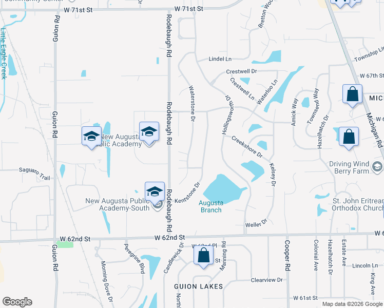 map of restaurants, bars, coffee shops, grocery stores, and more near 6417 Waterstone Drive in Indianapolis