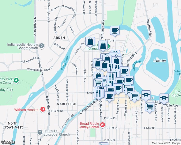 map of restaurants, bars, coffee shops, grocery stores, and more near 6412 Broadway Street in Indianapolis