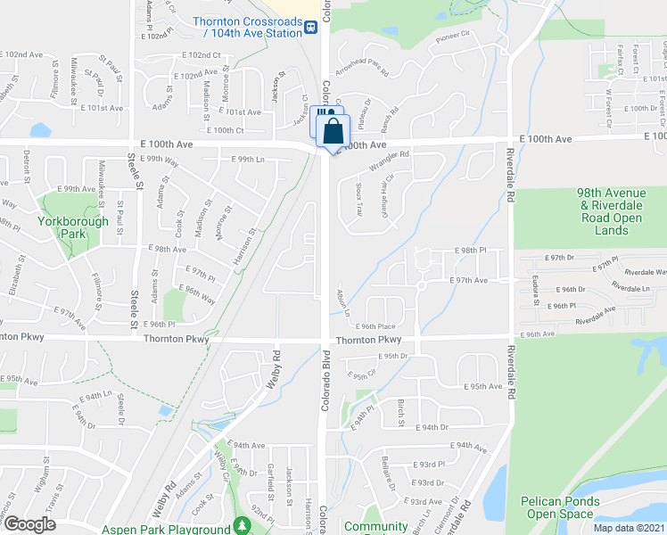 map of restaurants, bars, coffee shops, grocery stores, and more near 9745 Albion Lane in Thornton