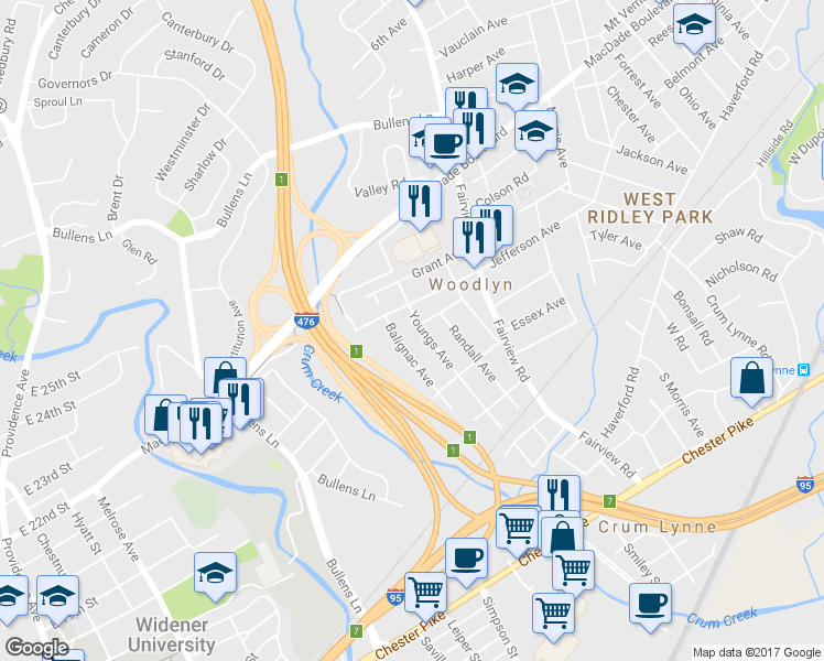 map of restaurants, bars, coffee shops, grocery stores, and more near 181 Youngs Avenue in Woodlyn