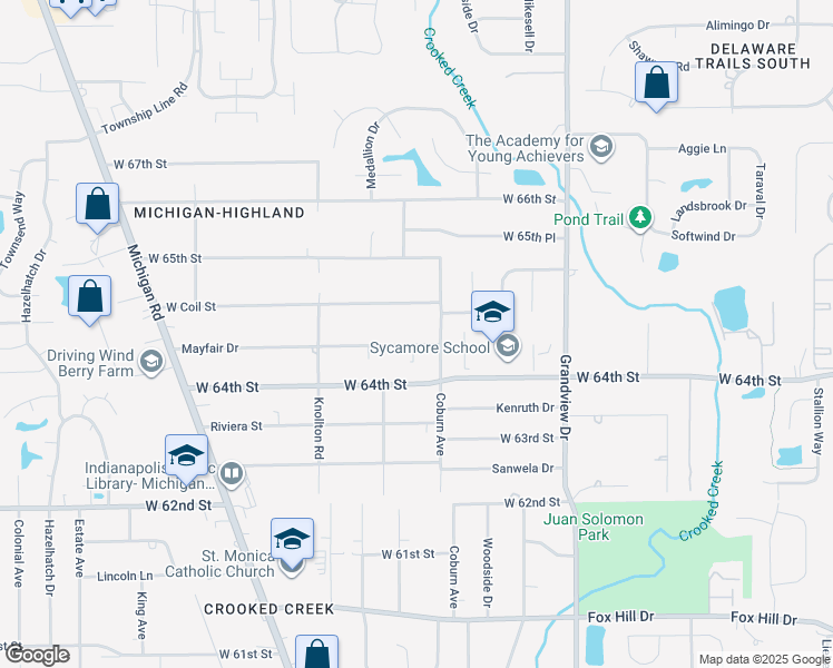 map of restaurants, bars, coffee shops, grocery stores, and more near 1914 Mayfair Drive in Indianapolis