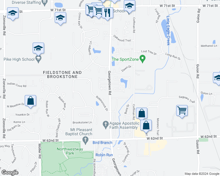 map of restaurants, bars, coffee shops, grocery stores, and more near Georgetown Road in Indianapolis