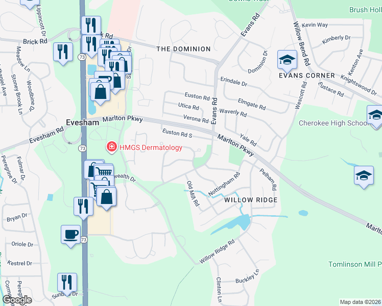 map of restaurants, bars, coffee shops, grocery stores, and more near 28 Abbotsford Drive in Evesham