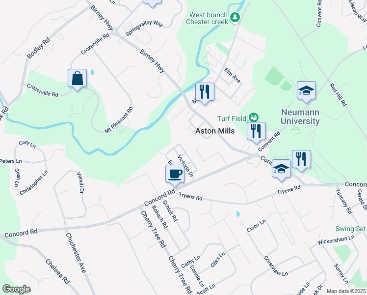 map of restaurants, bars, coffee shops, grocery stores, and more near 32 Victoria Drive in Aston