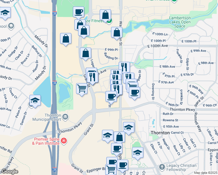 map of restaurants, bars, coffee shops, grocery stores, and more near 9701 Pearl Street in Thornton