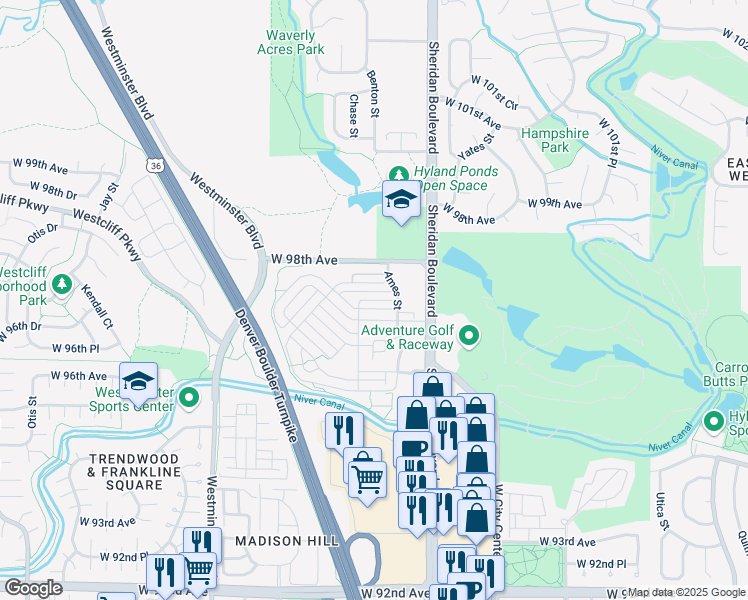 map of restaurants, bars, coffee shops, grocery stores, and more near 5446 West 97th Court in Broomfield