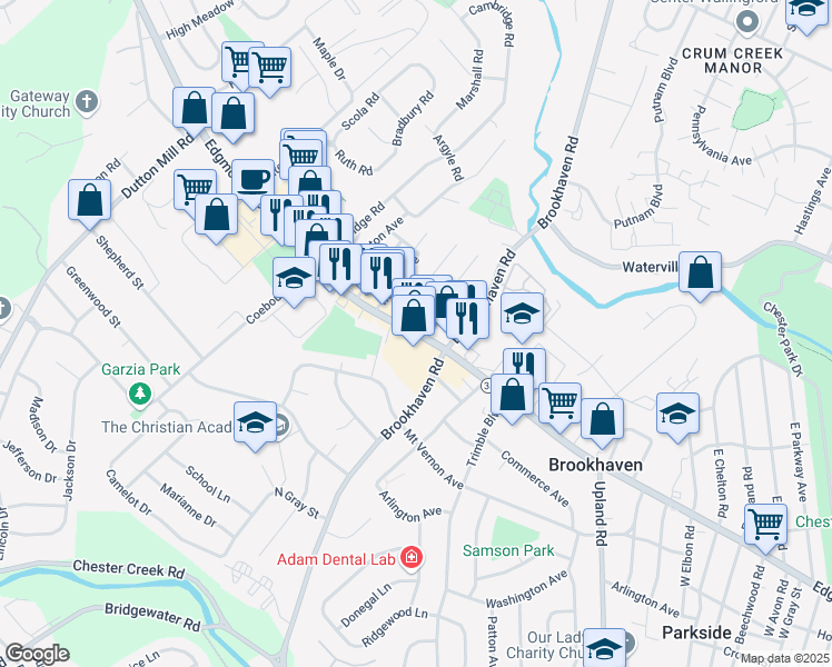 map of restaurants, bars, coffee shops, grocery stores, and more near 2 Ridge Boulevard in Brookhaven