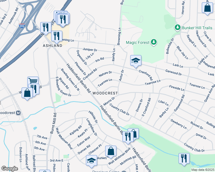 map of restaurants, bars, coffee shops, grocery stores, and more near 309 Pleasant Drive in Cherry Hill