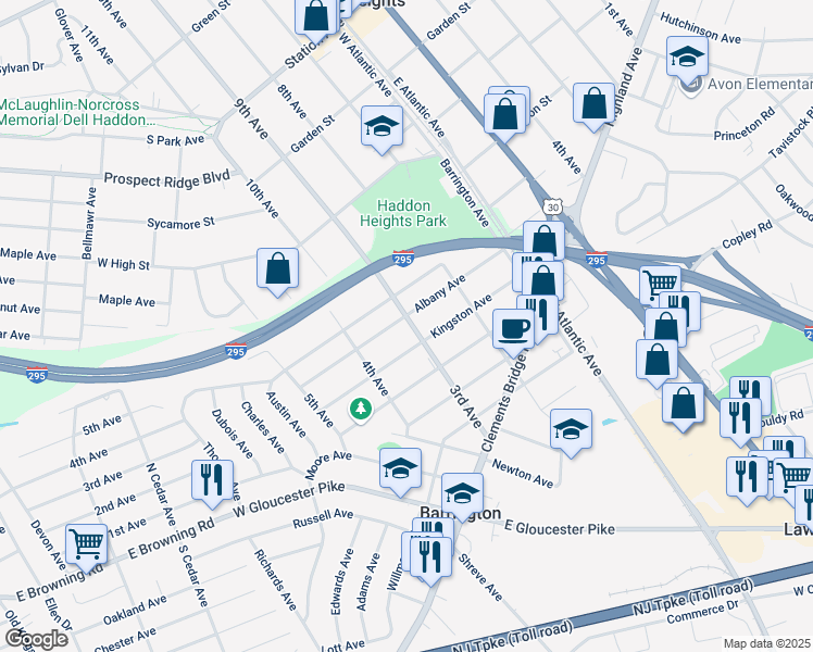 map of restaurants, bars, coffee shops, grocery stores, and more near 300 Albany Avenue in Barrington