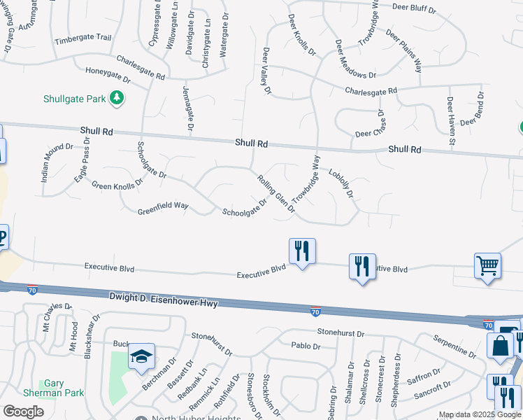 map of restaurants, bars, coffee shops, grocery stores, and more near 6392 Appleseed Place in Dayton
