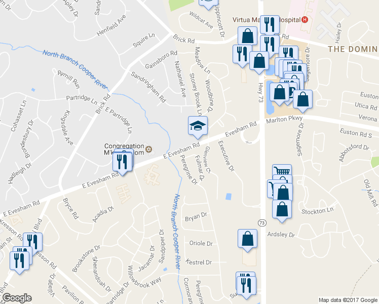 map of restaurants, bars, coffee shops, grocery stores, and more near 8 Fulmar Drive in Voorhees Township