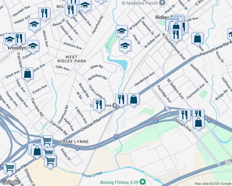 map of restaurants, bars, coffee shops, grocery stores, and more near 311 West Ridley Avenue in Ridley Park
